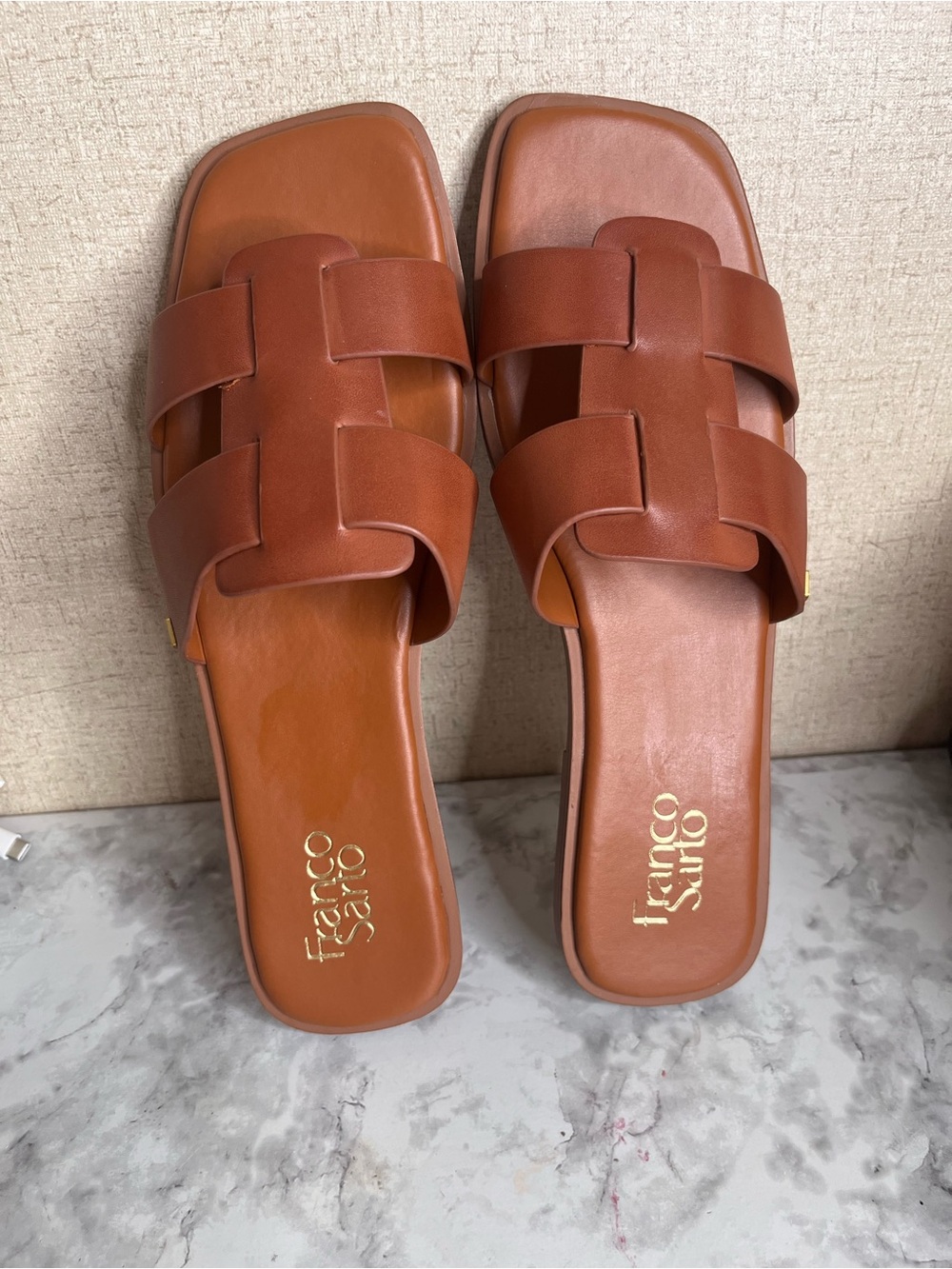 Franco Sarto Cognac Brown Leather Slide Sandals - Woven Strap